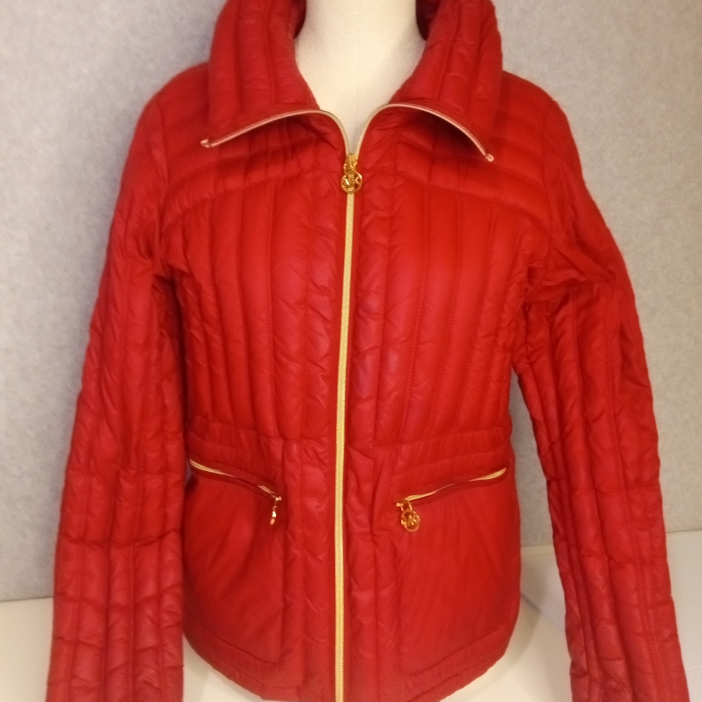 Michael Kors Red Puffer Jacket with Gold Accents